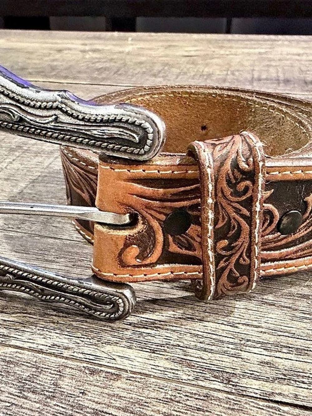 Tony Lama Western Leather Belt Brown & Silver Size 34